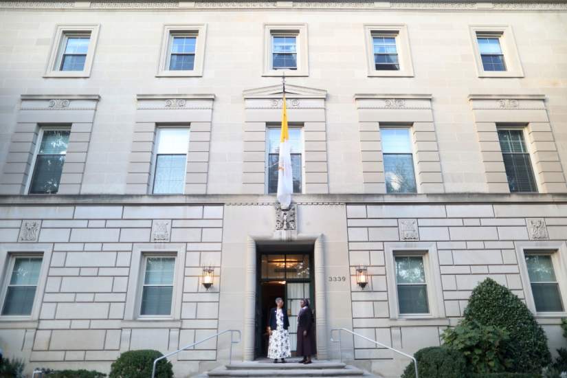 ASEC Board Chair Sister Barbara Spears, SNJM and Sister Nancy Kamau, LSOSF stand outside the entrance to the Apostolic Nunciature, awaiting guests’ arrival to ASEC’s 25 Jubilee Dinner in Washington D.C.