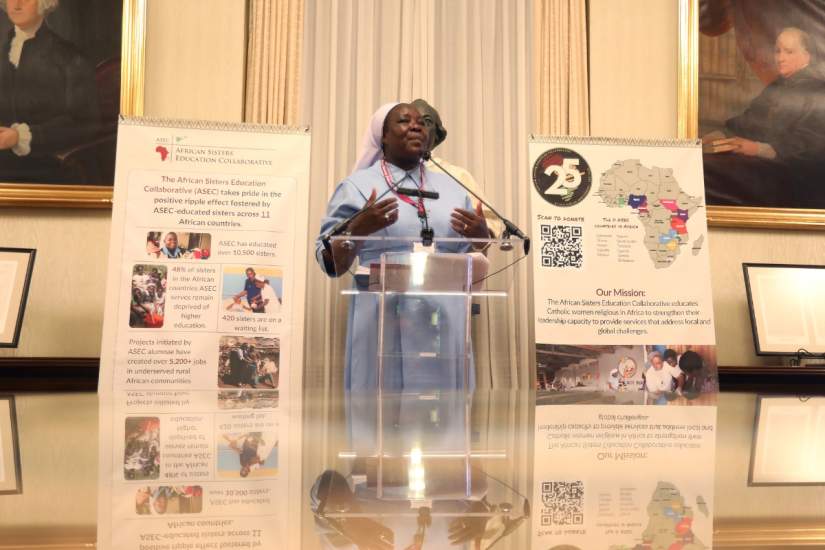 Sister Draru Mary Cecilia, LSMIG, Executive Director of the African Sisters Education Collaborative (ASEC), shares with guests how education has empowered sisters across 11 African countries.