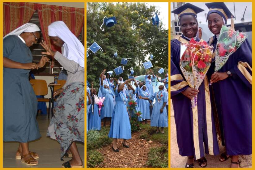 Left to right: Scholarship Orientation entertainment in Tanzania, Bigwa Secondary School graduation in Tanzania, first Scholarship graduates in Cameroon.