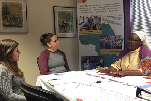 Program Evaluators Ms. Jennifer Mudge (left) and Ms. Tara Gregory (center), interview Sr. Bibiana (right), during her visit to Scranton in March.