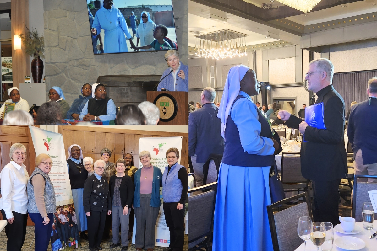 Clockwise from top left: Sr. Kathryn Clauss, IHM, presents at ASEC’s Night of Storytelling, Sr. Draru Mary Cecilia, LSMIG, networks at ACCU Annual Meeting, ASEC staff visits the Sisters of Charity of the Blessed Virgin Mary.