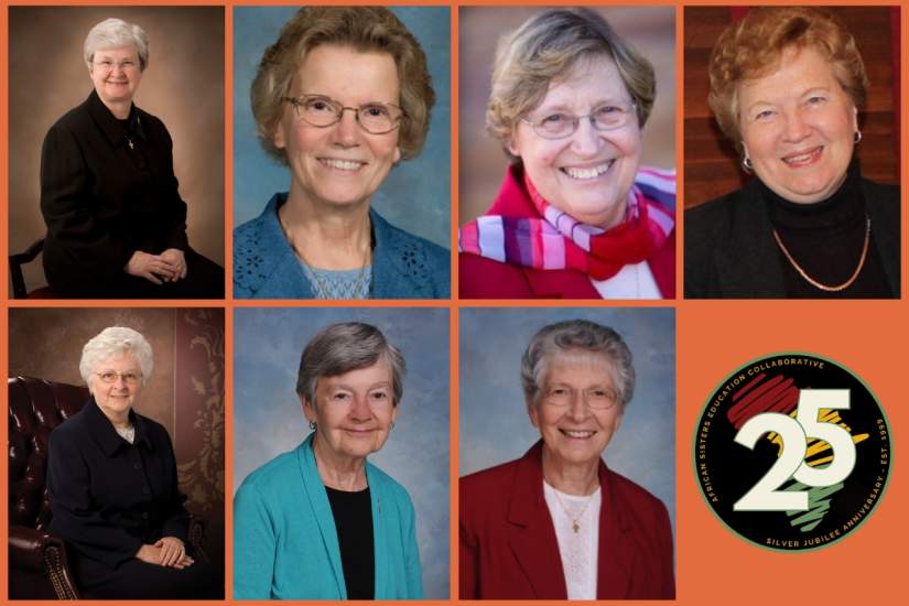 The women religious considered ASEC Founding Mothers that were interviewed as part of this research project in order from left to right:
Top row: Sr. Anne Munley, IHM, PhD, Sr. Kathryn Miller, SSJ, PhD, Sr. Marcia Sichol, SHCJ, PhD, and Sr. Carol Jean Vale, SSJ, PhD
Bottom row: Sr. Mary Reap, IHM, PhD, Sr. Marie Lucey, OSF, and Sr. Anita Cattafesta, OSF