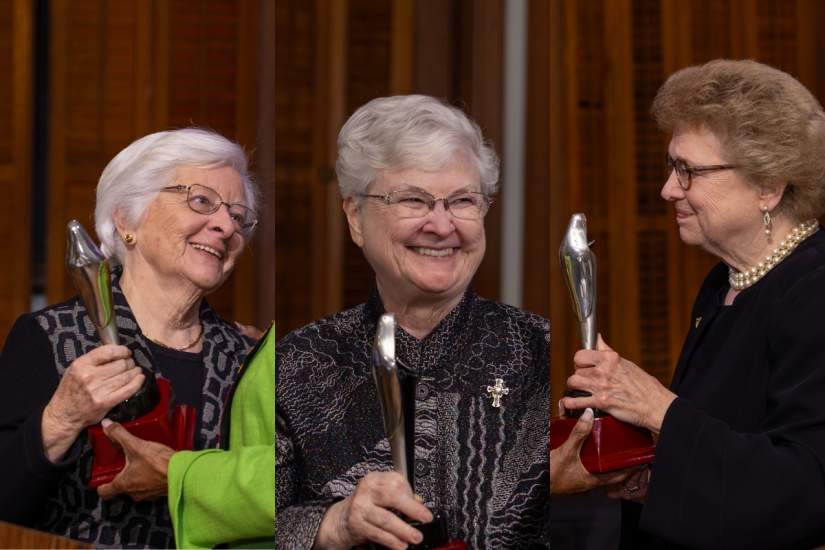 (Left to right) Honorees Sr. Mary Reap, IHM, Sr. Anne Munley, IHM, and Sr. Carol Jean Vale, SSJ, receive the ASEC Founding Mothers Award in recognition of their groundbreaking work in the establishment of ASEC.