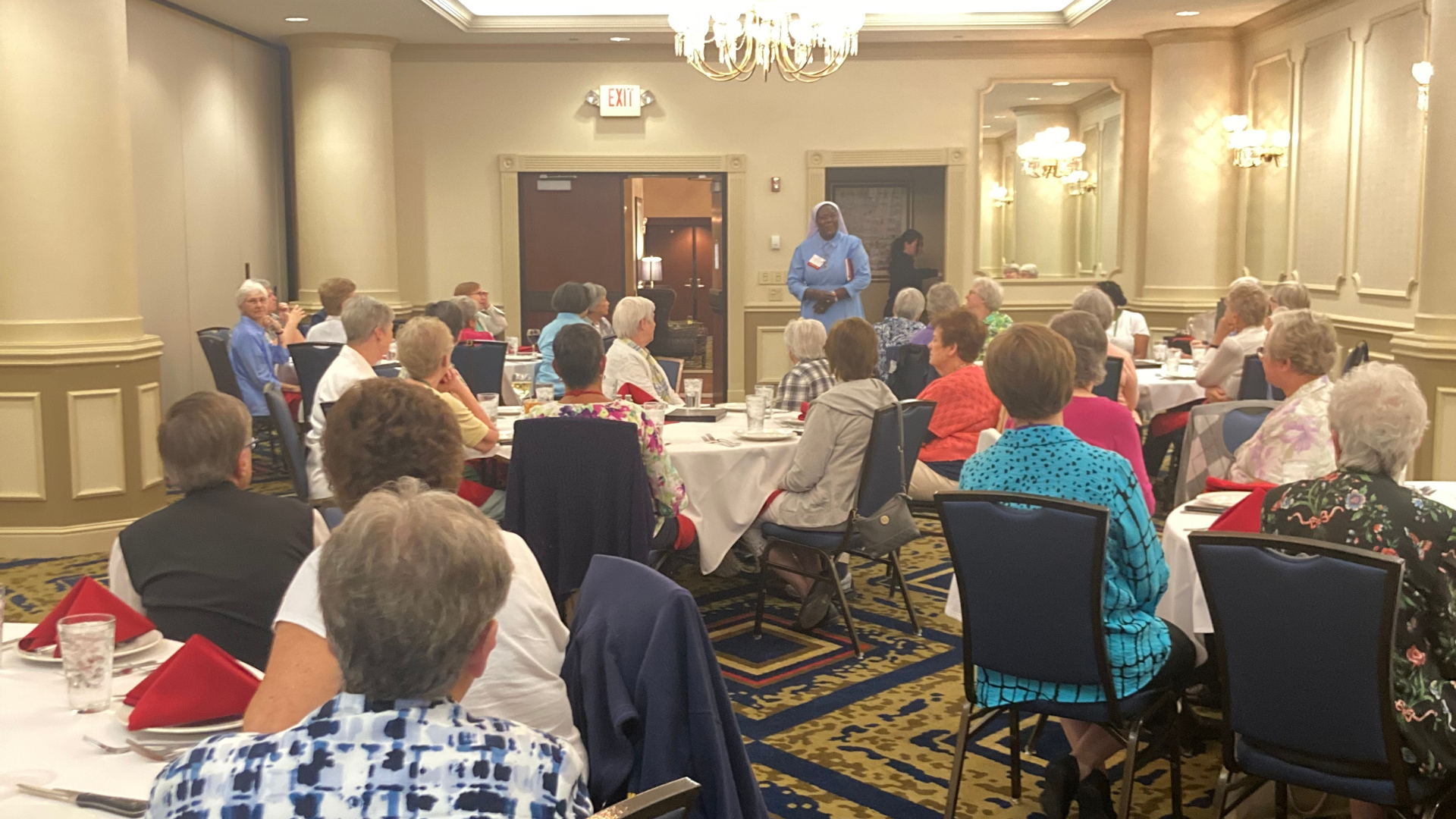 Executive Director Sr. Draru Mary Cecilia greeted guests at a dinner hosted during the LCWR Conference, August 2022.