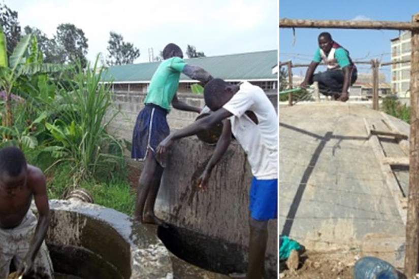 Boys from Ukweli Home are learning to farm and raising their own funds with crops from the garden. Here, the boys are cleaning the biogas digester. The waste products fertilize their farm.