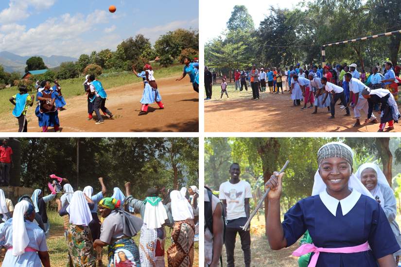 Top left: Sisters participated in netball with young girls. Sr. Maria Hava, CST was ready to receive the ball. Top right: Sisters participated in a running game with young girls. Bottom left: Sisters excited after winning two social games against young girls, running with sticks and pulling rope.Bottom right: Sr. Theresia M. Charahani, SOLQA was the winner in running with a stick.