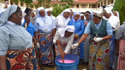 Sr. Martina is adding the perfume in soap while Sr. Jovitha is stirring - Tanzania alumnae workshop 2023